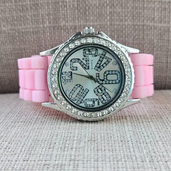 Accessories - Women Wristwatch Pink Rubber Strap Silver Tone Case Crystal Accent Bezel Watch